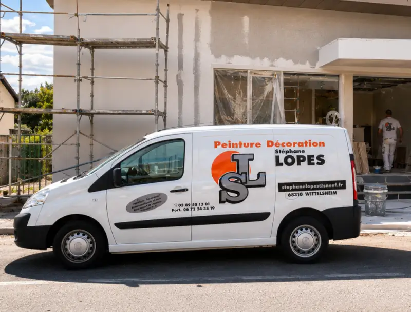 Camionnette de Stéphane Lopes, artisan peintre, décorateur, plaquiste et poseur de revêtement de sol à Pfastatt et dans la région de Mulhouse